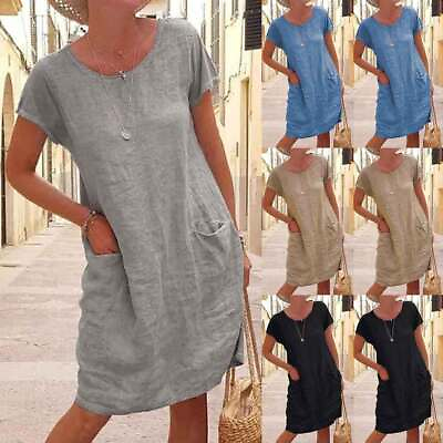 #ad Womens Summer Cotton Linen Midi Dress Ladies Casual Loose Pocket Shirt Dress US $20.29