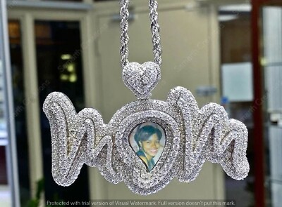 #ad 3.50 Ct Simulated Diamond Mom Name Photo Pendant Silver White Gold Plated $265.99