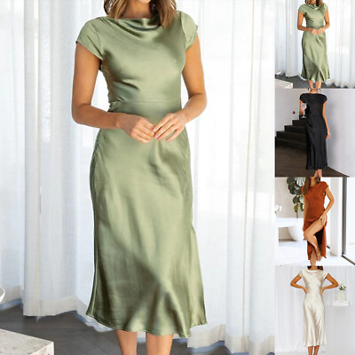 #ad Women#x27;s Elegant Cocktail Party Midi Dress Short Sleeve Sexy Split Dress Clubwear $26.19