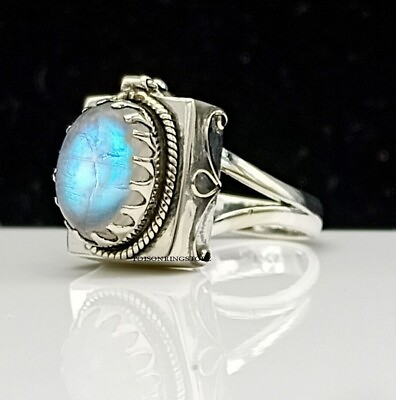 #ad Rainbow Moonstone Poison Box Ring 925 Sterling Silver Handmade Ring Gift For Her $18.40