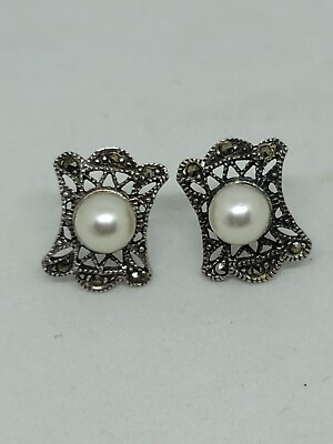 #ad 925 Sterling Silver Vintage Art Deco Pearl and Marcasite $21.00
