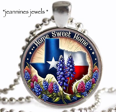 #ad Texas NECKLACE Lone Star State Map Bluebonnets Silver Charm Pendant Texan Gift $17.37
