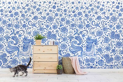 #ad 3D Floral Leaf Unicorn Rose Blue Self adhesive Removeable Wallpaper Wall Mural1 $224.99