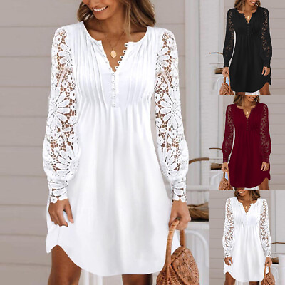 #ad #ad Women#x27;s Elegant Lace Casual Loose Midi Dress Long Sleeve Party Holiday Dresses $25.69