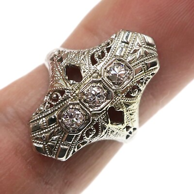#ad DECO 14k Solid White Gold Natural 3 Stone Diamond Filigree Ring Size 5.75 $321.75