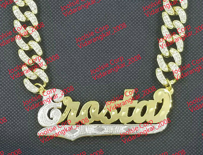 #ad PERSONALIZED GP 3D CZ CUBAN 3quot; JUMBO DOUBLE PLATED SCRIPT NAME PLATE NECKLACE $108.52