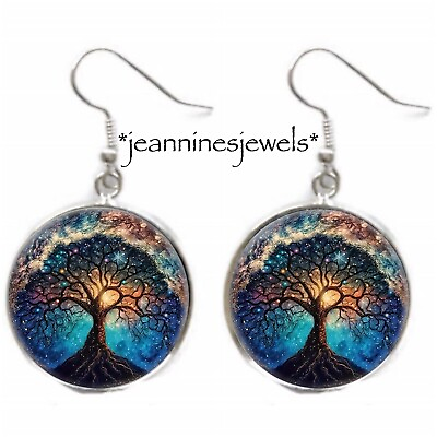 #ad Teal Blue Tree Of Life Earrings Silver Charm Dangle Celestial Birthday Gift $21.99