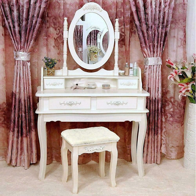 #ad White Vanity Jewelry Makeup Dressing Table Set W Stool 4 Drawer Mirror Wood Desk $132.13