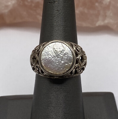 #ad BEAUTIFUL STERLING SILVER AND MOTHER OF PEARL ORNATE DOME RING SIZE 7.25 $29.99