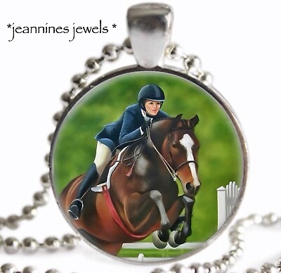 #ad Horse Jumping Necklace Vintage Art Print Silver Charm Pendant Equestrian Gift $21.99