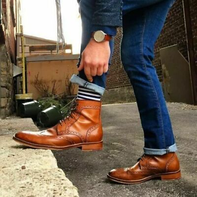 #ad Handcrafted Brown Leather Brogue High Ankle Boots Wingtip Dress Shoes For Men $197.99