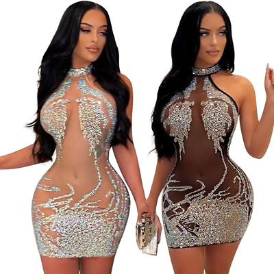 #ad Sexy Women Mesh See through Rhinestone Bodycon Evening Party Mini Dress Clubwear $25.99