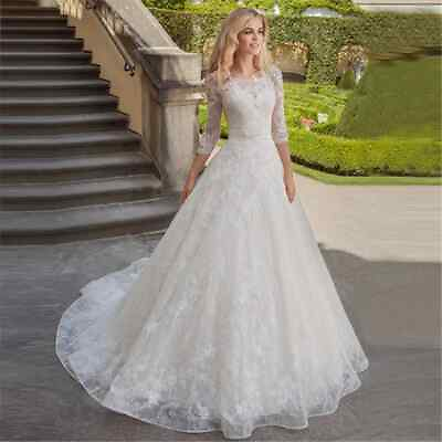 #ad Princess Wedding Dress Long Sleeves Scoop Neck Tulle Applique A line Bridal Gown $148.60
