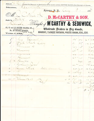 #ad 1867 BILL HEAD RECEIPT D. McCARTHY amp; SON WHOLESALE DEALER IN DRY GOODS SYRACUSE $12.95