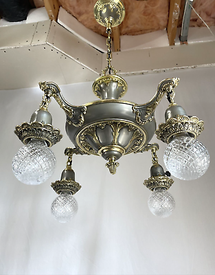 #ad RESTORED Antique Vtg Art Craft Deco Victorian Brass Chandelier Hanging Pan Light $599.99