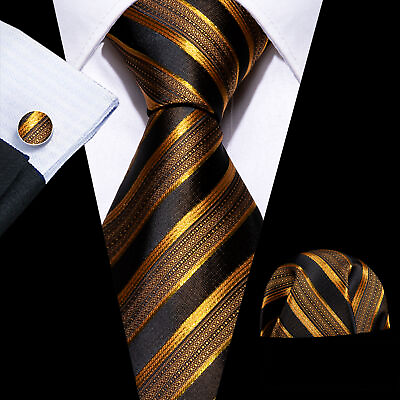 #ad Striped Black Gold Necktie Mens Silk Ties Vintage Tie Square Set Business $11.99