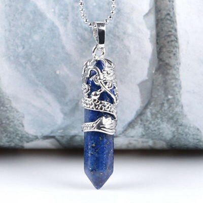 #ad Natural Lapis Lazuli Quartz Crystal Point Necklace Hexagonal Gemstone Pendants $15.29