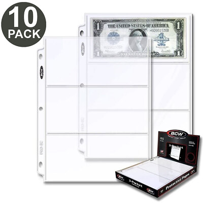 #ad Lot of 10 Sheets 3 Pockets Currency Banknotes Album Pages Clear BCW Binders $5.99
