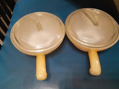#ad Vintage Fire King Peach Lustre Oven Ware Bowls Wit Handles And Lids 2 READ $19.95