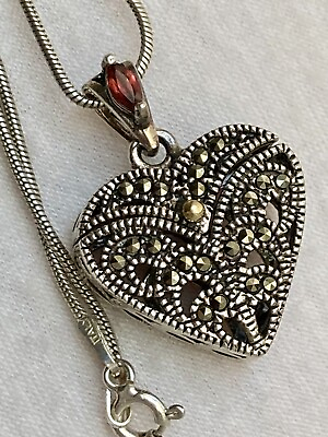#ad 14k Yellow Gold amp; 925 Sterling Silver Marcasite Stone Heart Locket Necklace 9.9g $74.99