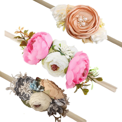 #ad Baby Girl Floral Headbands Set 3Pcs Flower Crown Newborn Toddler Hair Accessor $8.99