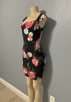 #ad GUESS WOMEN STRETCH COTTON FLORAL SLEEVELESS BODYCON DRESS BLACK IN SIZE SMALL $39.99