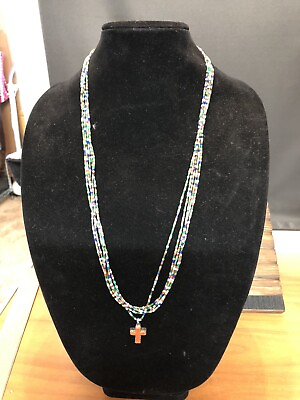 #ad BH Native American Red Coral Turquoise Multi stone Sterling Cross Pendant $120.00