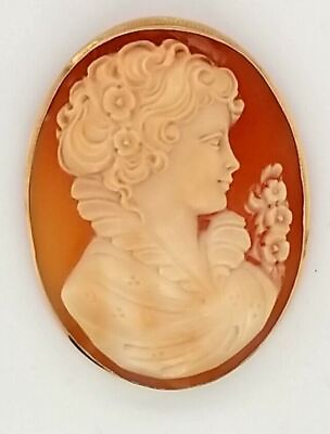 #ad 14k Yellow Gold Bezeled Large Carved Shell Cameo Pendant Brooch 15.30 Grams $329.00