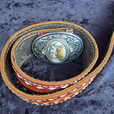 #ad Horse Cameo Buckle with Leather Hand Tooled Belt Made in Mexico 32 in $15.00