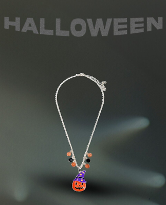 #ad Halloween Necklace Orange Pumpkin with Purple Hat Silvertone Hand Made Jewelry $12.99