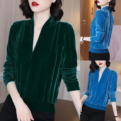 #ad Women Velvet Shirt Business V neck Tops Blouse Long Sleeve Pullover Elegant GBP 17.01