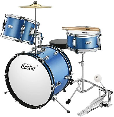Eastar Junior Kids Drum Set 16quot; 3 Drums Drumsticks Cymbal Throne Stool Kits Blue $125.99