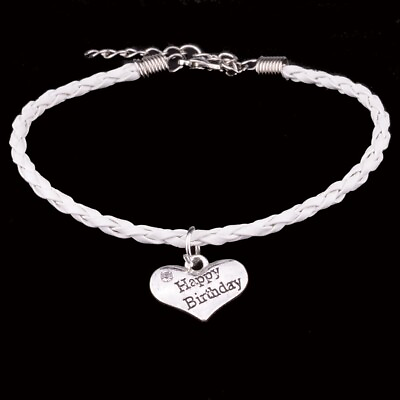 #ad 925 Sterling Silver Happy Birthday Heart White Topaz 8quot; 9quot; Leather Bracelet $12.74