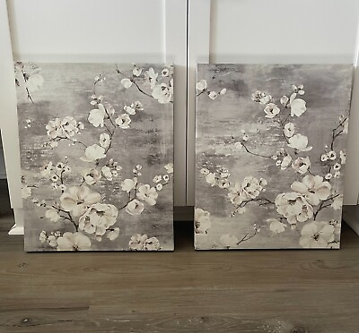 #ad 2 Gray amp; White Tree Blossoming Flowers Canvas Art Prints Wall Decor $64.95