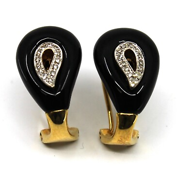 #ad 18k Solid Yellow Gold Black Onyx amp; Diamond Pear Shape Stud Earrings $924.99