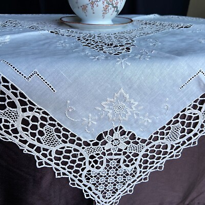 #ad Vintage Needle Lace Handmade Embroidery Linen Topper White Ivory Round 34quot; SQ RD $85.32