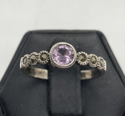 #ad Vintage Round Purple CZ amp; Marcasite Band Ring Size 9 Sterling 925 Silver 2.4g $23.91