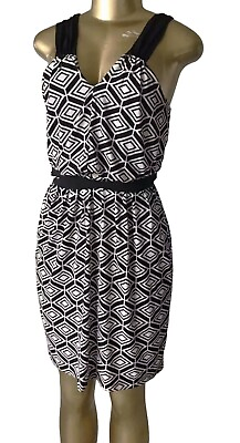 #ad ENFOCUS STUDIO Womens Size 4 Tie Belt Sleeveless Black White Retro Print Dress $22.99
