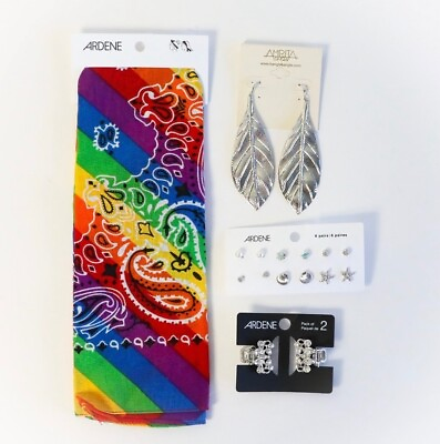 #ad NWT Set of earrings bandana hair ties silver clips 4 items rainbow rasta Jamaica $12.75