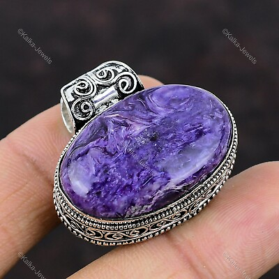#ad Natural Russian Charoite Gemstone Pendant Vintage Purple 925 Sterling Silver $30.30