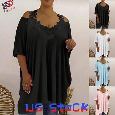 #ad Plus Size Womens Lace Cold Shoulder T Shirt V Neck Casual Loose Tunic Tops US $25.26