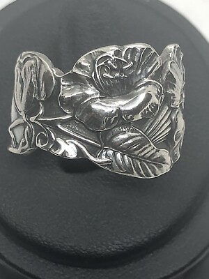 #ad Floral Sterling Antique Adjustable Spoon Ring Sz 7.5 Pouch $24.00