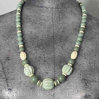 #ad Vintage beaded necklace green and cream graduated beads 1980#x27;s or early 1990#x27;s $20.00