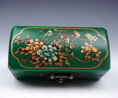 #ad Green Finish Leather Birds amp; Flowers Hand Painted Wooden Jewelry Box #06212001 $35.99