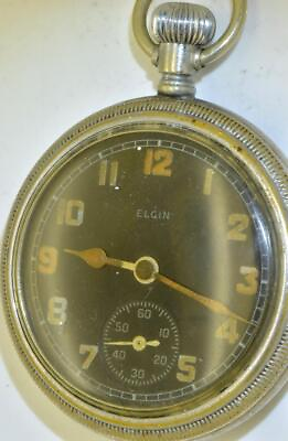 #ad Rare Antique Pocket Watch WWII US Officer#x27;s Military Elgin Black Dial $370.89
