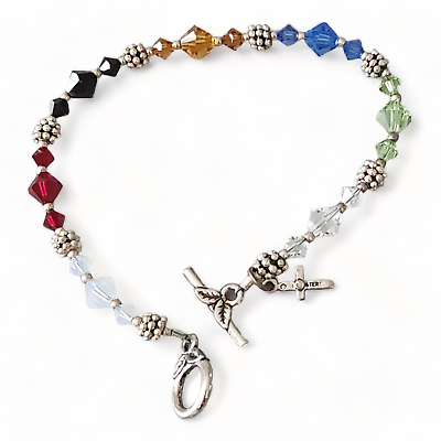 #ad Salvation Christian Bracelet Sterling Silver Cross Charm Multi Color Glass Beads $29.99
