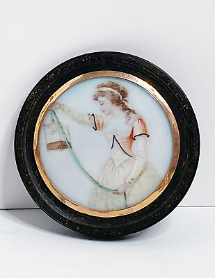 #ad Antique Georgian Snuff Box Painting of Woman amp; Bird On Opaline 12k Gold Rim $600.00