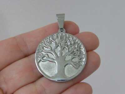 #ad 1 Tree pendant silver tone stainless steel T96 $4.90