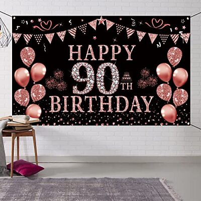 #ad 90th Birthday Decorations Rose Gold 90 Year Old Birthday Backdrop Banner for $19.84