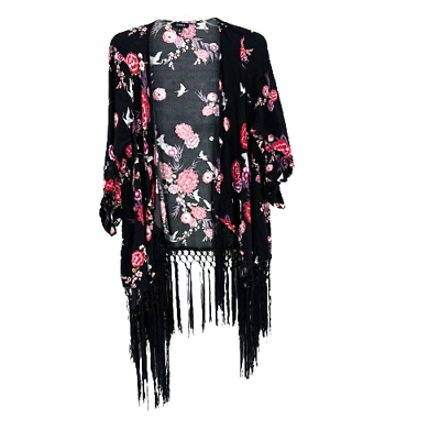 #ad Torrid Women#x27;s Kimono Cardigan 3X Floral Fringe Roll Tab Sleeve Oriental Black $24.99